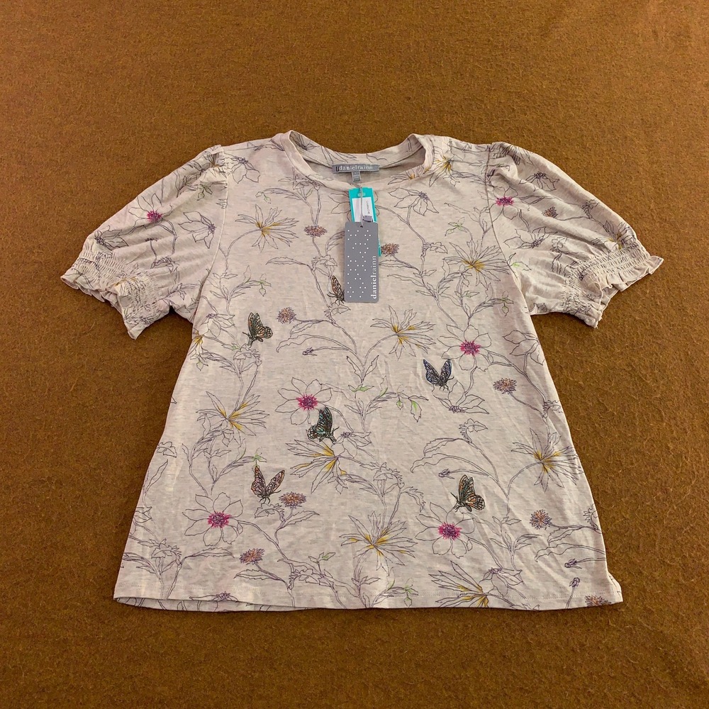 Daniel Rainn Womens Large Beige Floral Butterfly Else Short Sleeve Knit Top NWT